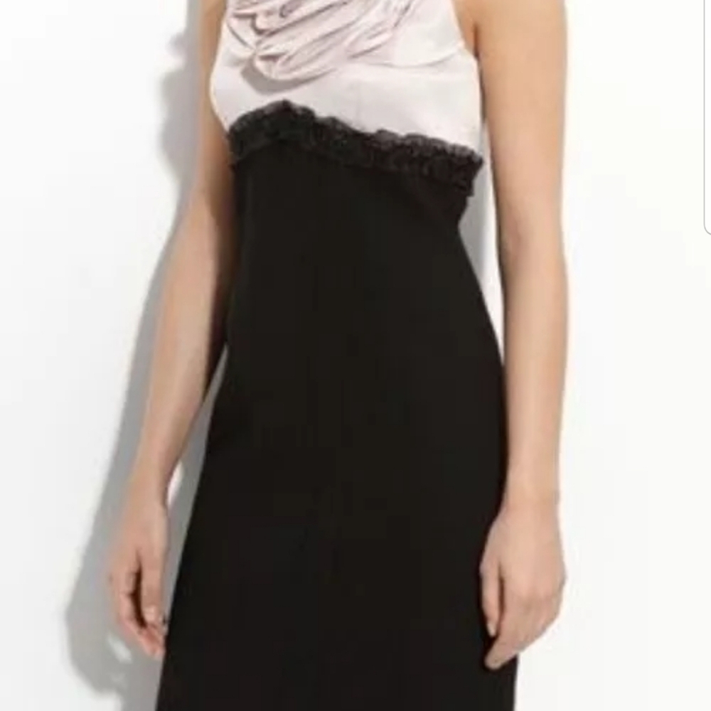 JS Collections Ruffle Collar Crepe Pink & Black Sleeveless Sheath